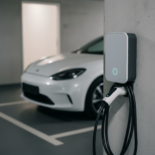A modern electric vehicle charging in a well-lit garage